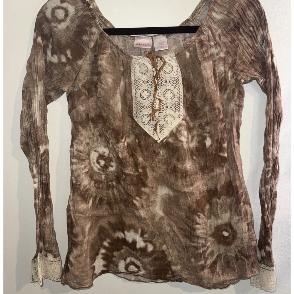 Xhilaration M Brown Tie Dye Lace Up Crochet Trim Boho Top Long Sleeve Y2K